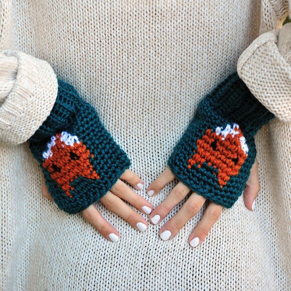 Handmade Teal Fox Fingerless Gloves, Wrist Warmers Made in Canada - Picture 2 of 2